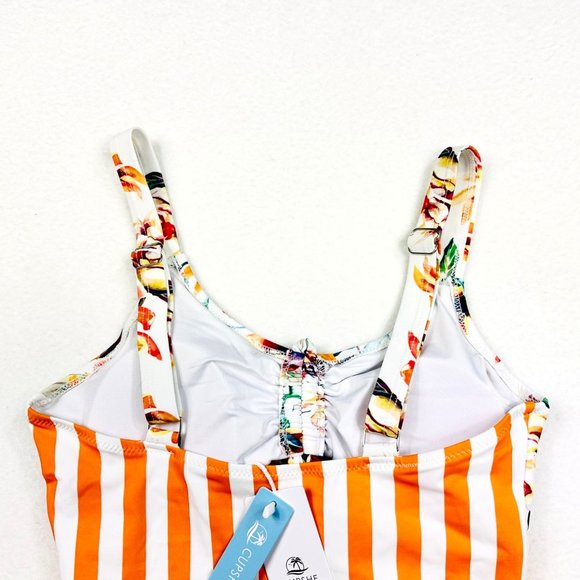Cupshe Orange Striped/Floral Ruched Top Swimsuit w/Cutout - S - NWT - Picture 6 of 10